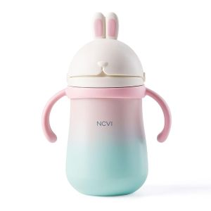 NCVI Weighted Straw Sippy Cup Spill Proof Stainless Steel Kids Toddler Thermal Cup with Removable Handle and Replacement Head Straw Perfect for 2 Years Old 10oz (Pink Bunny)