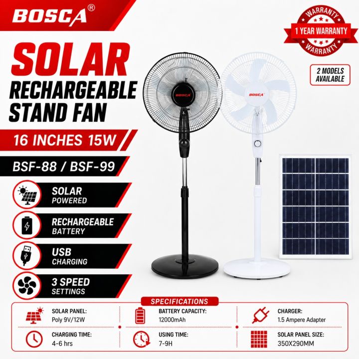 BOSCA 16 Inch 12v DC Standing Solar Powered Outdoor Rechargeable Solar Electric Fan With Solar Panel BSF-88 BSF-99