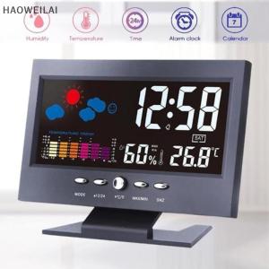 [HAOWEILAI] นาฬิกาปลุกดิจิตอลหน้าจอสี LCD นาฬิกาปลุกแบ็คไลท์สถานีพยากรณ์อากาศ