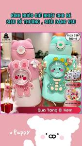Bình nước giữ nhiệt trẻ em cho bé đi học INOX 316 500ml dễ thương có dây đeo tặng kèm sticker 2D 3D BBG0722