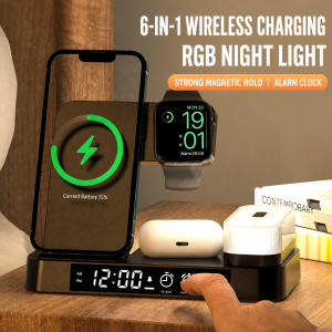 5in1 Wireless Charging Station 15W Type C Magnetic Charger for Phone Earbuds Clock Night Light