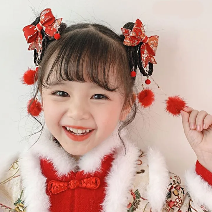 chinese hair accessories kids REEBO Cute All match Red Chinese Style Hair Clip Tassels Pearl Girl Hair Accessories Hanfu Headdress Baby Wig Hairpin Bow Hair Clip Child Hair Accessories New Year