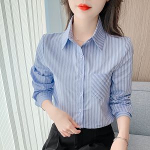 AMMIN 2025 Spring and Autumn new classic lapel long sleeve fashion irregular striped print commuter shirt womans Korean style pocket single-breasted elegant blouse