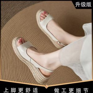 [Free Shipping] Summer Round-Toe Straw-Patterned Open-Toe Sandals For Women 2026 New Summer Style Thick-Soled Wedge Sandals With A Single-Strap Design For Outdoor Wear