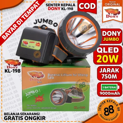 Senter kepala Cas DONY KL198 JUMBO 20 WATT 20W QLED LED T6 GUNUNG MURAH Sintar Dony Kepala SUPER TERANG 198 kl-198 BERBURU GUNUNG MANCING ANTI AIR CAHAYA PUTIH CAHAYA KUNING CAS ULANG RECHARGEABLE CHARGE