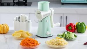 VEKAYA Rotary Cheese Grater 5 in 1 Cheese Grater with Handle Replaceable Stainless Blades Cheese Shredder Cheese Vegetable Slicer Easy to Clean Kitchen Gadgets with Storage