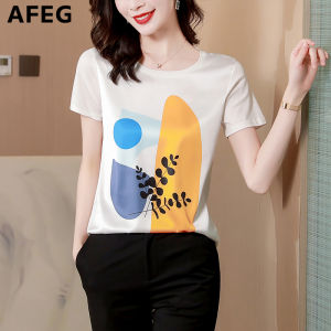 AFEG Korean style round neck fashion loose all-match satin stitching cotton geometric pattern print short-sleeved women T-shirt