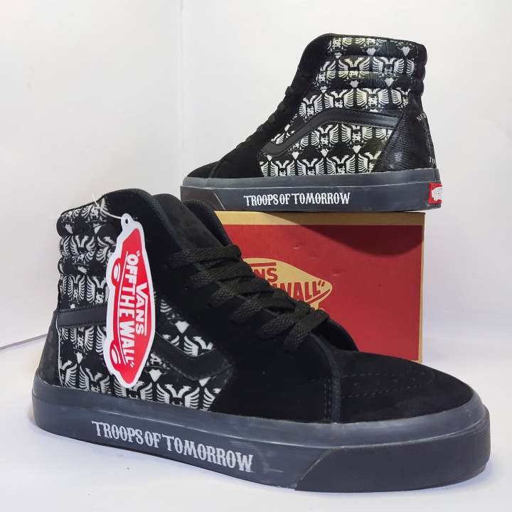 SEPATU VANS SK8 HI MOTIF TROOPS OF TOMORROW FULL BLACK SNEAKERS HI