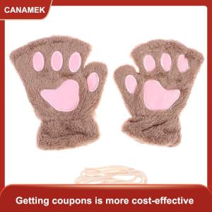 【CANAMEK 】 Cute Cat Paw Fluffy Claw Fingerless Gloves Warm Soft Plush Fingerless Panda Glove Half Finger Women Winter Wear Christmas Gifts