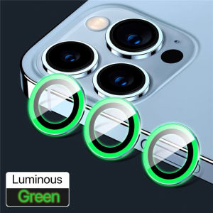 FLOVEME 3 Pieces Luminous Metal Ring Back Cover Protective Cap For iPhone 14 Pro Max 14 Plus 11 12 Pro Max 13 Mini Glass Camera Lens Protector Paste Film