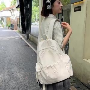 Korean Style Nylon Lightweight Backpack   Junior High School Student Backpack   Girls preppy style solid color campus backpack 14 Inch computer bag  #2438