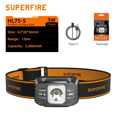 SUPERFIRE ไฟฉายคาดหัว ไฟฉายคาดศีรษะแบบเหนี่ยวนำแบบชาร์จไฟได้ Type-c น้ำหนักเบาเป็นพิเศษไฟฉายคาดศีรษะกลางแจ้งแคมป์ปิ้งตกปลาโคมไฟหัว HL75-S