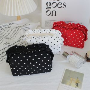 LUMIYA Ruffle Edge Decor Cosmetic Bag Polka Dot Portable Travel Storage Organizer Vintage Minimalist Design Skincare Organizer For Women