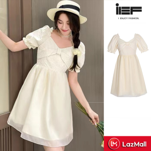 IEF ผู้หญิงฝรั่งเศสพัฟแขนโบว์บางสีขาวเอวนางฟ้าชุดสีที่บริสุทธิ์ ชุดเดรสผู้หญิง เดรส