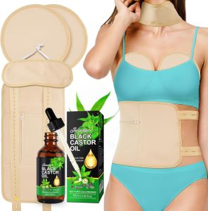 5 in 1 Castor Oil Pack for Liver Caster Oil Pack Wrap for Waist and Thyroid Neck Castor Oil Organic Breast Pads Kit Reusable Caster Oil Wrap Adjustable Elastic Cotton Flannel & Soft Ties (Nude)