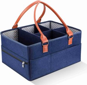 Marhynchus Large Portable Nappy Storage Basket with Detachable Divider Felt Fabric Baby Diaper Caddy Navy for Nursery and Travel