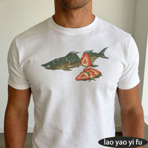 [Local Stock] HBESTY Strange Fish Strawberry Hybrid Creative Graphic Men Summer Cotton T Shirt Weird Nature Art Trendy Street Casual Daily Top