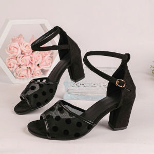 [Free Shipping] 2026 Summer New Style WomenS Chunky Heel Shoes Polka Dot Mesh Fish Mouth Sandals WomenS One-Strap Buckle High Heel Shoes
