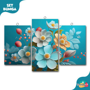TENNESY Hiasan Dinding Set Bunga biru beautiful springs 3D flowers 3 Panel Besar Dekorasi Dinding Kamar Tidur Pajangan Kayu Poster Dekorasi Rumah