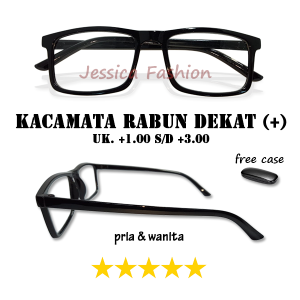FREE CASE - Kacamata Untuk Orang Tua Yang Rabun Dekat READY Ukuran PLUS +1.00 s/d +3.00 Frame Persegi Panjang Warna Hitam Kilap Gaya Simple  UNTUK PRIA WANITA