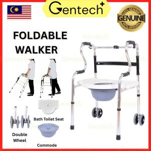 Foldable Walker with Aluminum Walking Aid Grey Wheel Adjustable Walking Frame Commode Toilet for Elderly