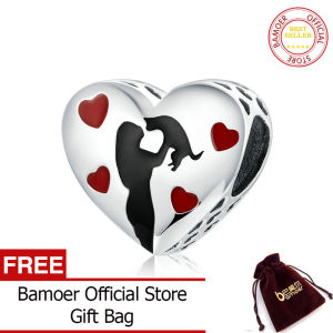 BAMOER 925 Sterling Silver Heart Shape Charm for Original Snake 3mm Bracelet Black Enamel and Heart Metal Beads SCC1508