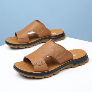 ZEEMIN Mens Summer New Genuine Leather One Word Slippers Soft Sole Non Slip Breathable High Quality Outdoor Beach Slippers Sandals