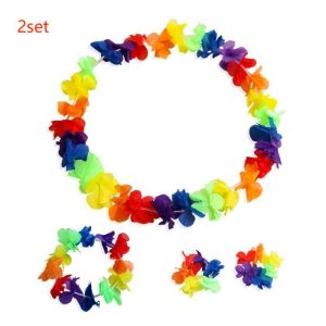 2set Kalung Bunga Hawai Warna Warni Kalung Penyambutan Tamu Lei Gelang Dan Kepala