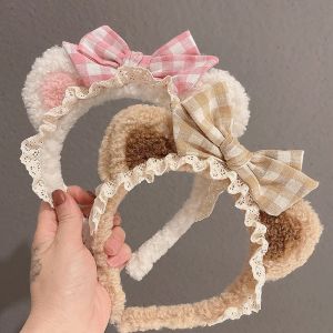 FDHT Lolita Sweet Wash Face Girls Plaid Bow Plush Lace Hair Band Women Accessories Cat Ears Korea Style Headband