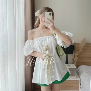 Áo trễ vai tay bồng cực xinh đầm babydoll bo chun hở vai chất mềm mịn