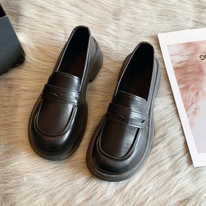 Free Shipping WomenS Small Leather Shoes New Autumn Collection Black Platform Loafers Slip-On Style Suitable For JK Uniforms