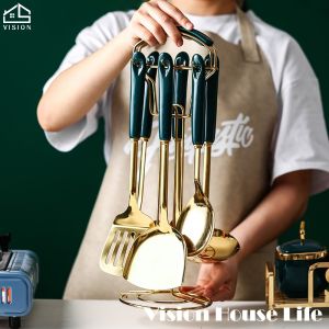 Vision 7PCS Stainless Steel Kitchenware Set Nordic Cooking Utensils Set with Ceramic Handle Non-stick Spatula Shovel Cooking Tools Set with Storage Rack Kitchen Tools