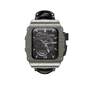 กรอบสแตนเลสสตีลลายเสือกับชุดแถบหนังสำหรับนาฬิกา Apple ขนาด45มม./44มม. หรูหราร่ำรวย RM ชุดแท่งสำหรับ Apple Watch Series 8 7 SE 6 5 4 (ไม่ดู)