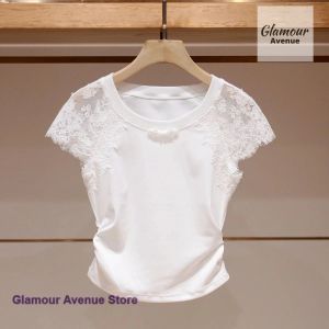 French cotton short-sleeved T-shirt female summer new fashion lace openwork gauze round neck stitching white short coat.2026