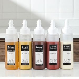 JIYAN2866 340ml Sauce Squeeze Bottle Double Bottle Mouth with On Cap Condiment Squeeze Bottles Quality Kitchen Gadget Salad Sauce Dispenser Kitchen