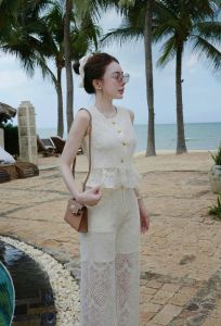 Set đồ nữ dự tiệc áo ren sát nách cổ tròn mix quần ren suông dài NEWFASHION99