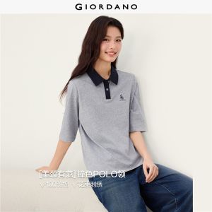 Giordano Beau Monde Women Contrast collar embroidery 1/2 sleeve polo shirt Free Shipping 13316651