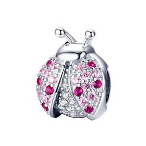BAMOER 925 Sterling Silver Ladybug Pink Cubic Zircon Insect Charms Beads fit for Bracelets DIY Jewelry SCC1120 Mar