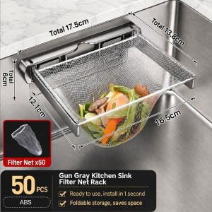 NOBLELYN Foldable Sink Strainer Holder Stainless Steel Disposable Filter Mesh Sink Filter Rack Easy Install Wall Mounted Food Residue Drain Basket Kitchen Leftover Garbage