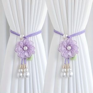 Sacesr 2Pcs Elegant Pearl Flower Curtains Lacing Adjustable Tie Back Design Garden Bohemia Style Home Decorations Curtain Accessories 8K3Q7