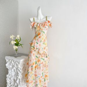 Women 2026 Summer French Vintage Lapel Floral Two-Way Wear Slim Waist Slip Dress