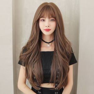 68CM Human Hair Washable Long Hair Air Bangs Big Wave Long Curly Hair Natural Realistic Fluffy Curly Hair Cap Korean Style for Womens Favorite Daily Wear Hairstyle