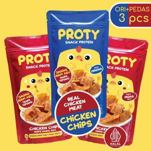 PROTY Chicken Chips Ori(1 pcs)+Pedas(2 pcs) Snack Cemilan Berprotein Tinggi - Keripik Daging Ayam Asli Krispi 18 gr