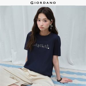 Giordano Women Shell decor letter embroidery short sleeve tee Free Shipping 18326710