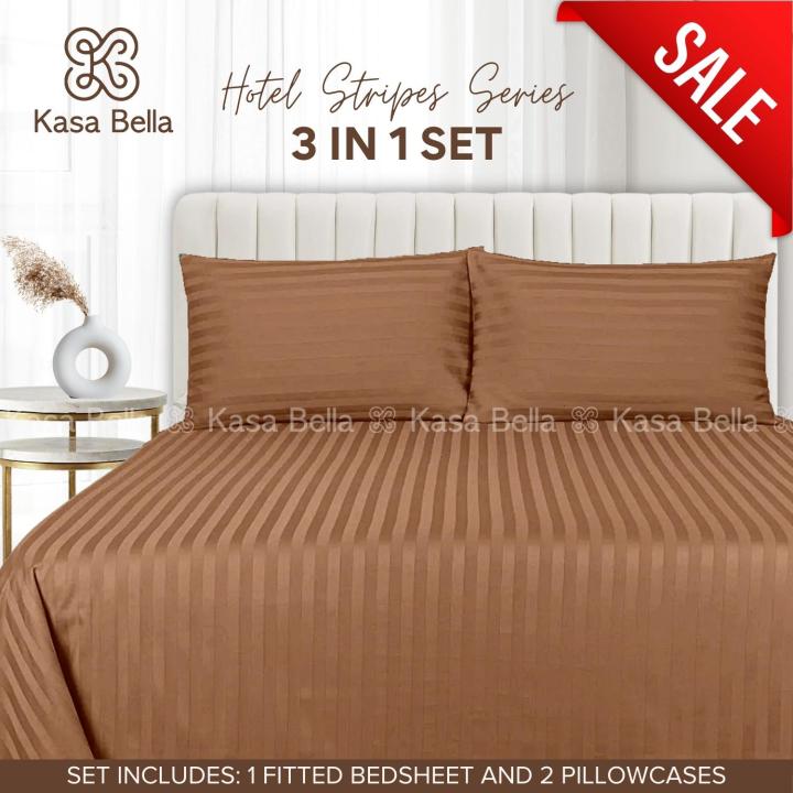 Kasa Bella – Plain Coffee in1 Stripe Bedsheet and Pillowcase Set