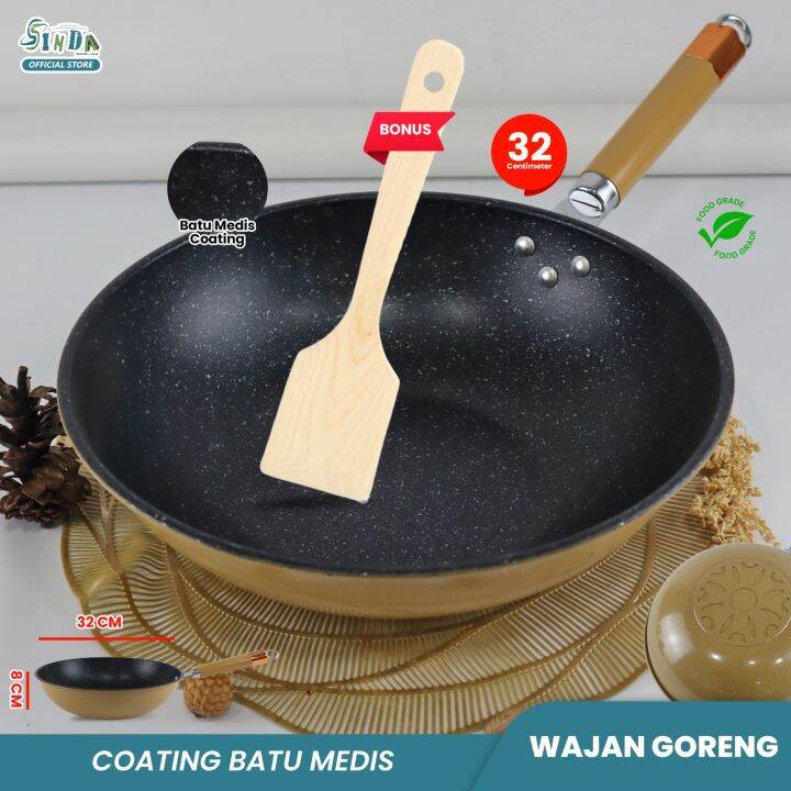 Sinda Wajan Batu Medis Gagang Kayu Cm Fry Pan Wajan Penggorengan High Quality Lazada Indonesia