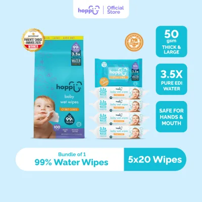 Hoppi Premium 99% Baby Water Wipes (20 Wipes x 5 Packs)