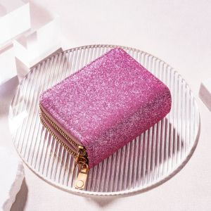 HEFEI Double Zipper Women Card Bag Solid Color Luxury Accordion Card Holder Fashion Multi-card Slot Starry Shiny Wallet Lady