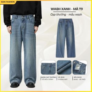 Quần jean quần bò nam nữ ống rộng cạp thường SUN T9 WASH XANH mặc thoải mái dễ phối đồ phong cách hàn quốc