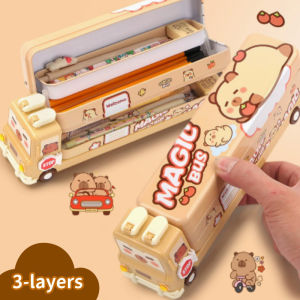 Large Capacity Three Layer Pen Box Multifunctional Bus Shape Capybara Stationery Organizer Back To School